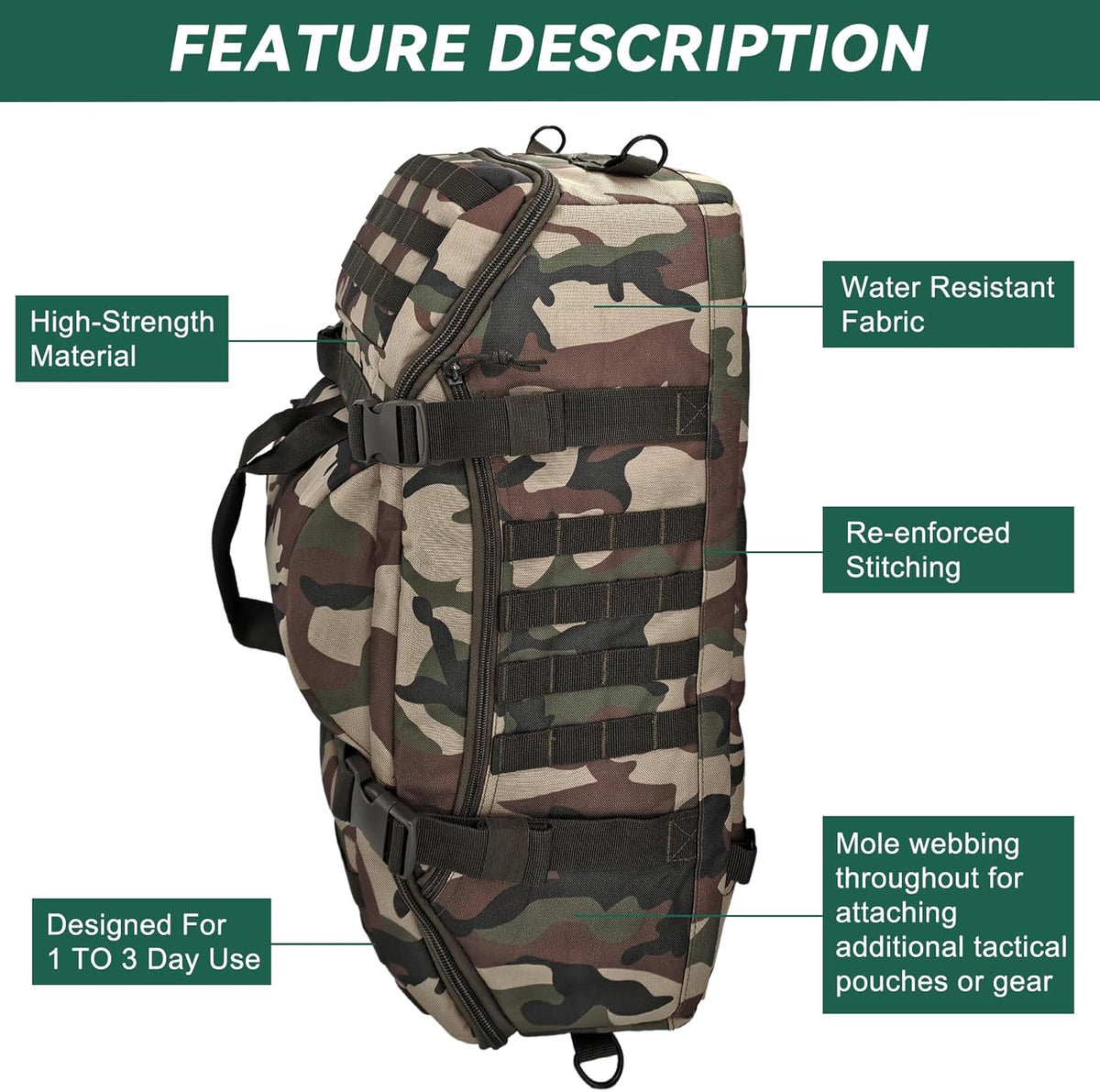 65L Large Duffle Bag, 3-in-1 Tactical Backpack MOLLE Pack for Sports, Gym, Outdoor, Black