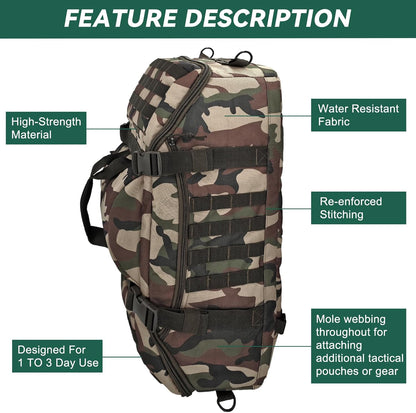 65L Large Duffle Bag, 3-in-1 Tactical Backpack MOLLE Pack for Sports, Gym, Outdoor, Black
