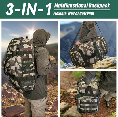 65L Large Duffle Bag, 3-in-1 Tactical Backpack MOLLE Pack for Sports, Gym, Outdoor, Black