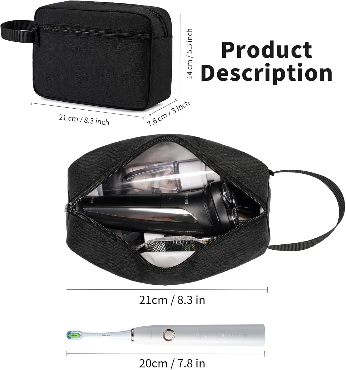 Travel Hanging Toiletry Bag with Carry Handle - Water-Resistant Small Cosmetic Organizer for Men & Women, Makeup, Shaving Kit, Gym & Travel Essentials (Black)