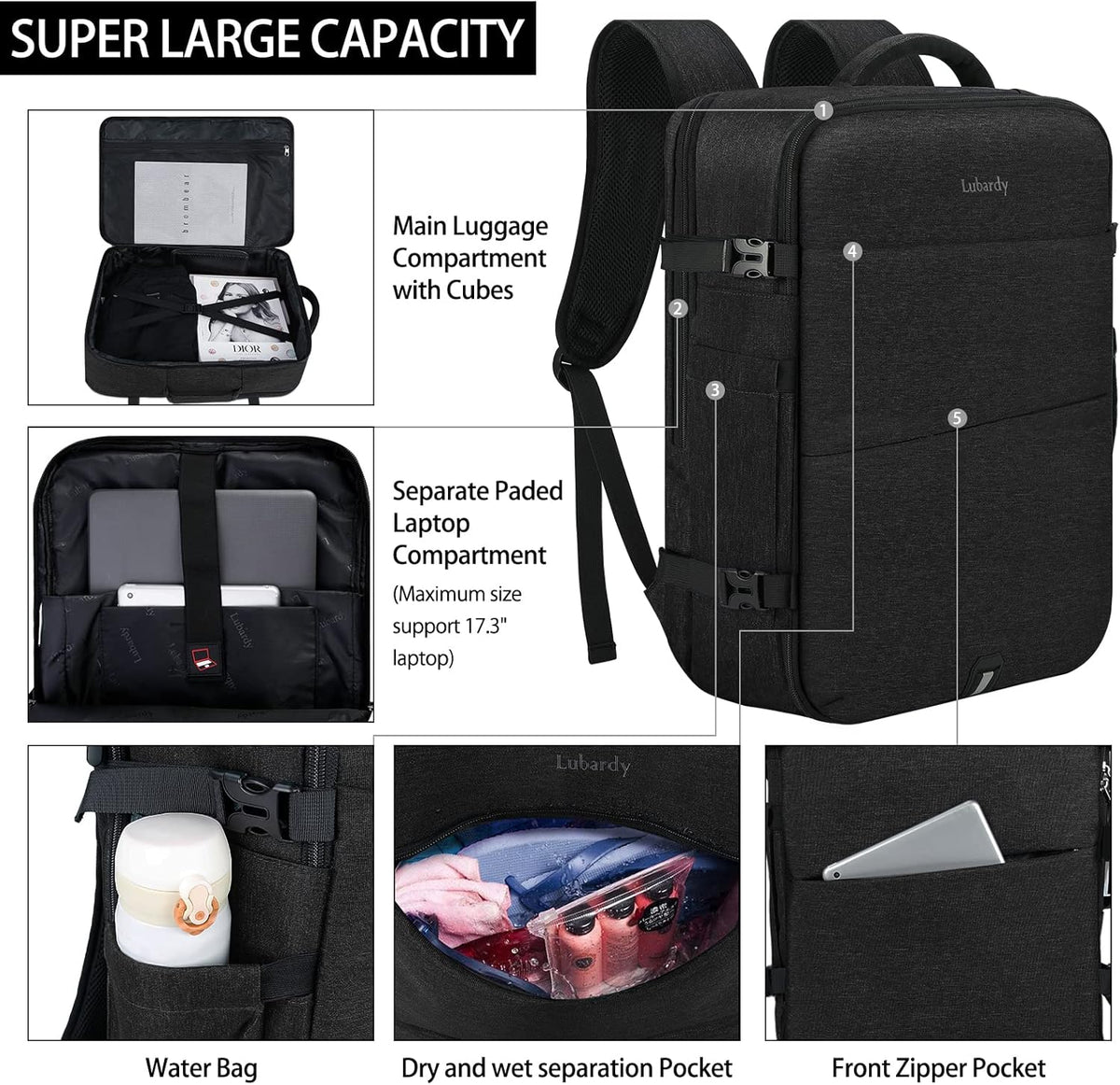 Travel Backpack for Men Women 17 Inch Flight Approved Carry on Backpack Waterproof Large 40L Luggage Daypack Business College Weekender Overnight Laptop Backpack with 3 Packing Cubes, Green