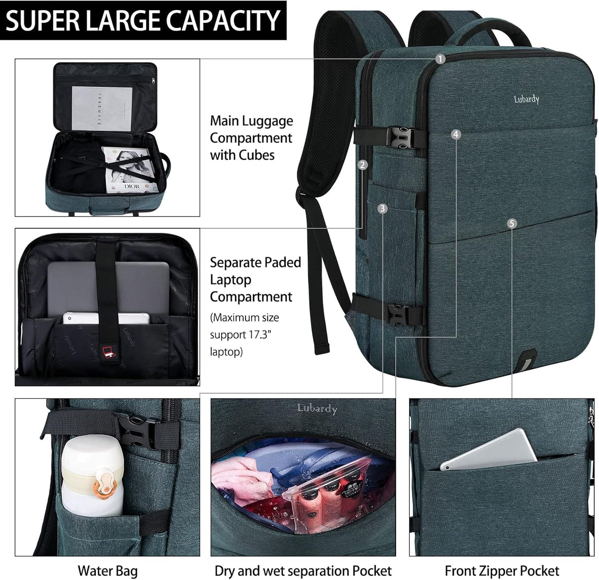 Travel Backpack for Men Women 17 Inch Flight Approved Carry on Backpack Waterproof Large 40L Luggage Daypack Business College Weekender Overnight Laptop Backpack with 3 Packing Cubes, Green
