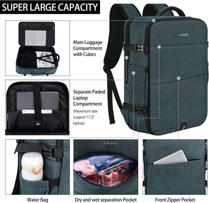 Travel Backpack for Men Women 17 Inch Flight Approved Carry on Backpack Waterproof Large 40L Luggage Daypack Business College Weekender Overnight Laptop Backpack with 3 Packing Cubes, Green
