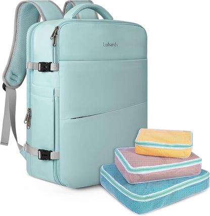 Travel Backpack for Men Women 17 Inch Flight Approved Carry on Backpack Waterproof Large 40L Luggage Daypack Business College Weekender Overnight Laptop Backpack with 3 Packing Cubes, Green