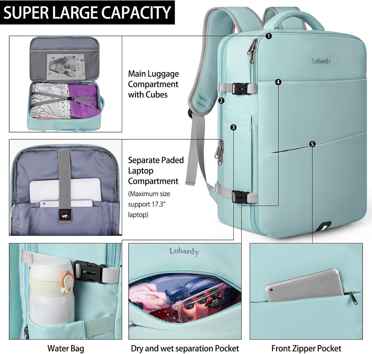 Travel Backpack for Men Women 17 Inch Flight Approved Carry on Backpack Waterproof Large 40L Luggage Daypack Business College Weekender Overnight Laptop Backpack with 3 Packing Cubes, Green