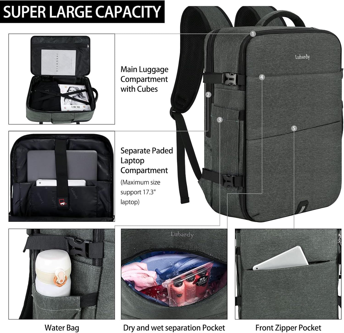 Travel Backpack for Men Women 17 Inch Flight Approved Carry on Backpack Waterproof Large 40L Luggage Daypack Business College Weekender Overnight Laptop Backpack with 3 Packing Cubes, Green