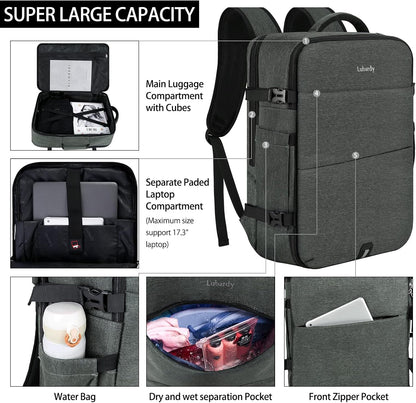 Travel Backpack for Men Women 17 Inch Flight Approved Carry on Backpack Waterproof Large 40L Luggage Daypack Business College Weekender Overnight Laptop Backpack with 3 Packing Cubes, Green