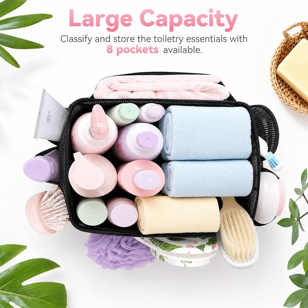 Double Handles Mesh Shower Caddy Portable for College Dorm Essentials, 8 Pockets Large Capacity Shower Organizer for Girls, Quick-Dry Hanging Toiletry Bag for Bathroom Travel, Black