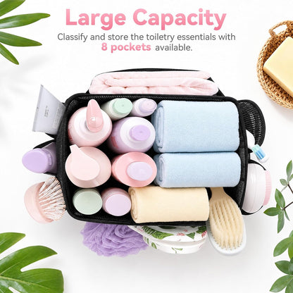Double Handles Mesh Shower Caddy Portable for College Dorm Essentials, 8 Pockets Large Capacity Shower Organizer for Girls, Quick-Dry Hanging Toiletry Bag for Bathroom Travel, Black
