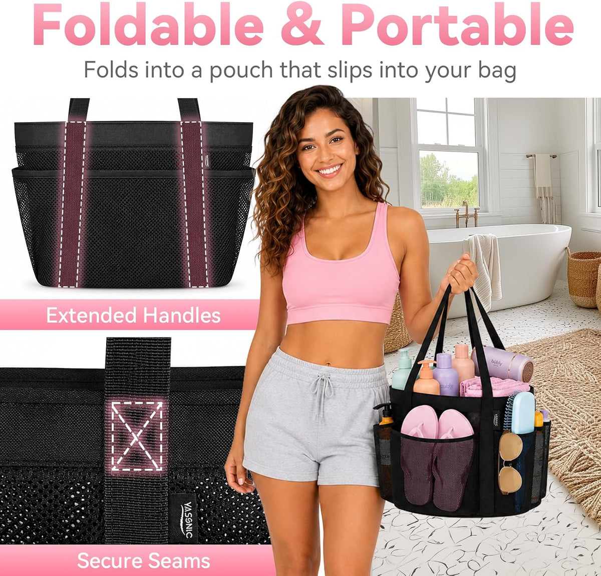 Double Handles Mesh Shower Caddy Portable for College Dorm Essentials, 8 Pockets Large Capacity Shower Organizer for Girls, Quick-Dry Hanging Toiletry Bag for Bathroom Travel, Black
