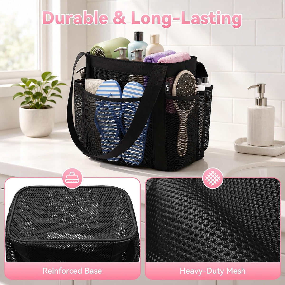 Double Handles Mesh Shower Caddy Portable for College Dorm Essentials, 8 Pockets Large Capacity Shower Organizer for Girls, Quick-Dry Hanging Toiletry Bag for Bathroom Travel, Black