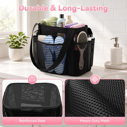 Double Handles Mesh Shower Caddy Portable for College Dorm Essentials, 8 Pockets Large Capacity Shower Organizer for Girls, Quick-Dry Hanging Toiletry Bag for Bathroom Travel, Black