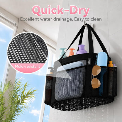 Double Handles Mesh Shower Caddy Portable for College Dorm Essentials, 8 Pockets Large Capacity Shower Organizer for Girls, Quick-Dry Hanging Toiletry Bag for Bathroom Travel, Black