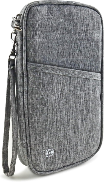 Passport Holder Family, Travel Document Organizer with RFID, Portable Passport Cover Case with Zipper for Cards, Boarding Pass, ID, Money, Tickets (Grey)