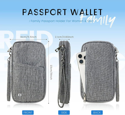 Passport Holder Family, Travel Document Organizer with RFID, Portable Passport Cover Case with Zipper for Cards, Boarding Pass, ID, Money, Tickets (Grey)