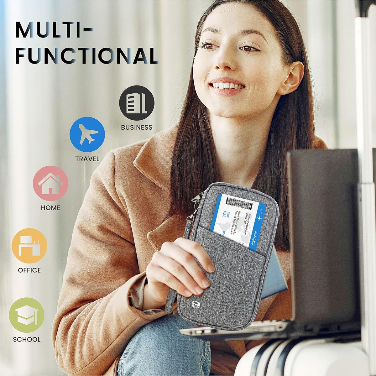 Passport Holder Family, Travel Document Organizer with RFID, Portable Passport Cover Case with Zipper for Cards, Boarding Pass, ID, Money, Tickets (Grey)