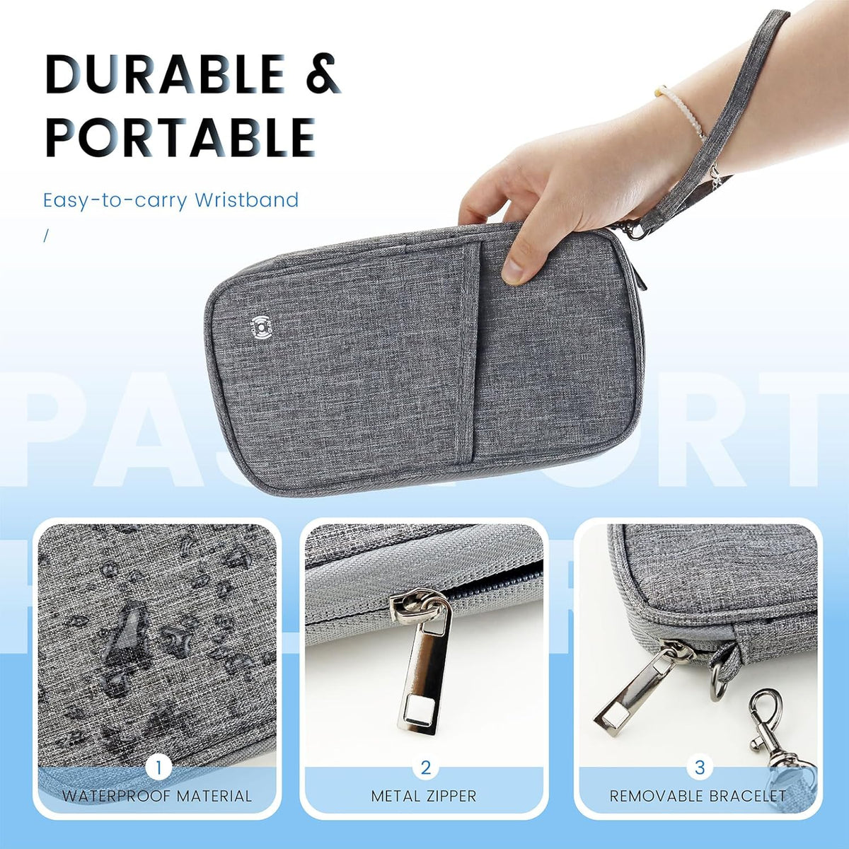 Passport Holder Family, Travel Document Organizer with RFID, Portable Passport Cover Case with Zipper for Cards, Boarding Pass, ID, Money, Tickets (Grey)