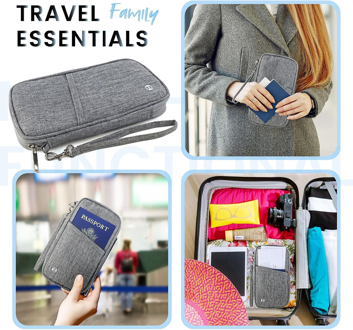 Passport Holder Family, Travel Document Organizer with RFID, Portable Passport Cover Case with Zipper for Cards, Boarding Pass, ID, Money, Tickets (Grey)