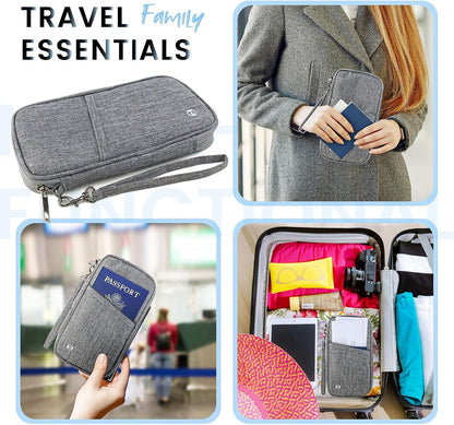 Passport Holder Family, Travel Document Organizer with RFID, Portable Passport Cover Case with Zipper for Cards, Boarding Pass, ID, Money, Tickets (Grey)