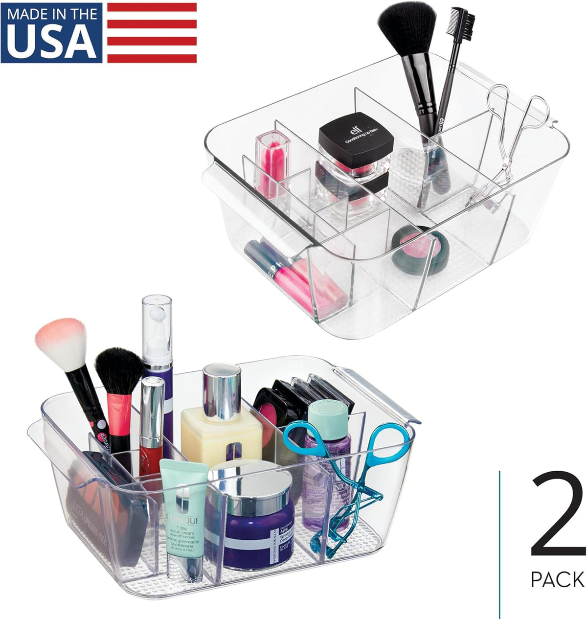 Makeup Organizer for Countertop, Set of 2, Clear | Storage for Cosmetics and Toiletries, Made in USA