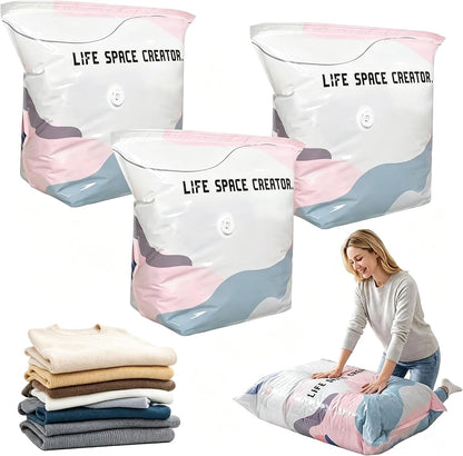 3 PACK No-Pump Cube Vacuum Storage Bags, 2026 New 3D Space Saver Compression Bags, Reusable Heavy-Duty Storage Organizer for Clothes, Bedding & Comforters, Travel & Home Use | 19.6"×27.5"×11.8"