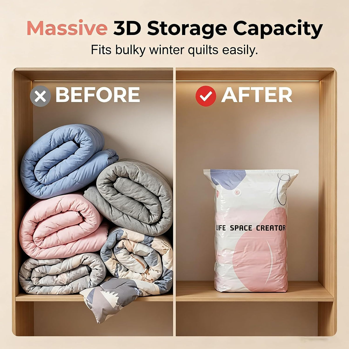 3 PACK No-Pump Cube Vacuum Storage Bags, 2026 New 3D Space Saver Compression Bags, Reusable Heavy-Duty Storage Organizer for Clothes, Bedding & Comforters, Travel & Home Use | 19.6"×27.5"×11.8"