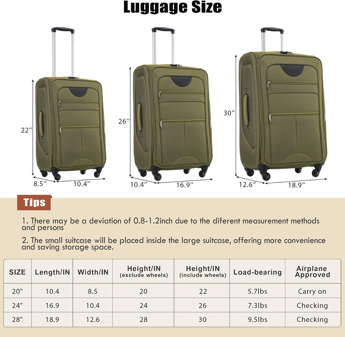 Lightweight Expandable Softside Luggage Sets 3 Piece, Large Capacity Travel Suitcase with Spinner Wheel, TSA Lock, Easy Access Design and Adjustable Telescoping Handle (Blue)