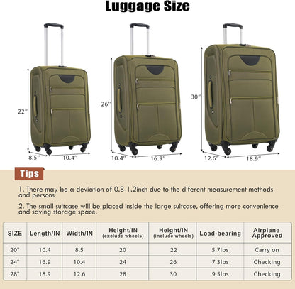 Lightweight Expandable Softside Luggage Sets 3 Piece, Large Capacity Travel Suitcase with Spinner Wheel, TSA Lock, Easy Access Design and Adjustable Telescoping Handle (Blue)