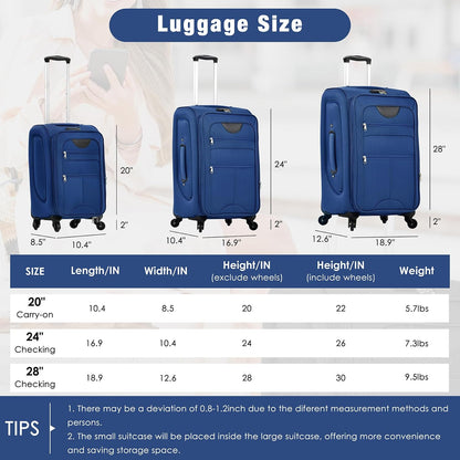 Lightweight Expandable Softside Luggage Sets 3 Piece, Large Capacity Travel Suitcase with Spinner Wheel, TSA Lock, Easy Access Design and Adjustable Telescoping Handle (Blue)