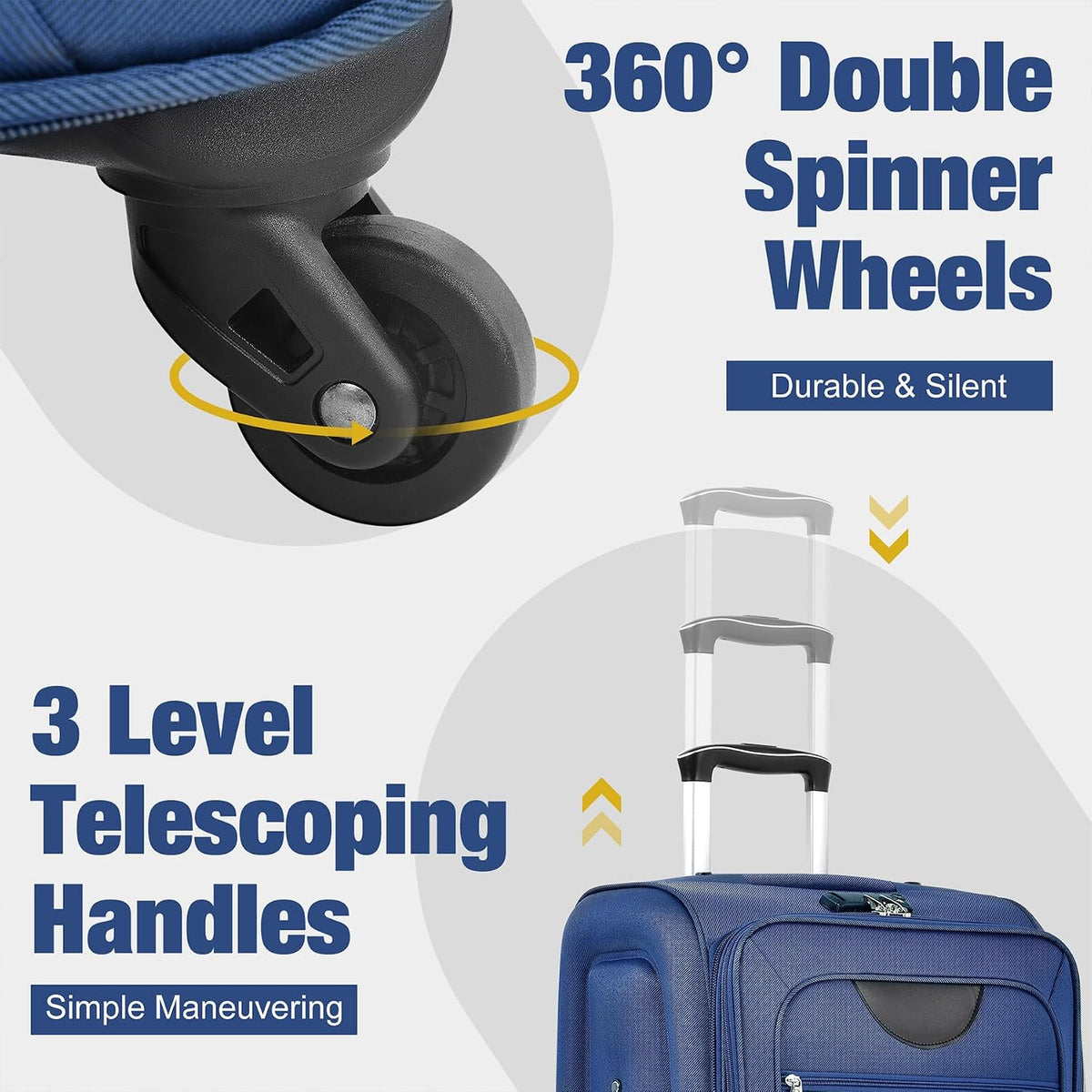 Lightweight Expandable Softside Luggage Sets 3 Piece, Large Capacity Travel Suitcase with Spinner Wheel, TSA Lock, Easy Access Design and Adjustable Telescoping Handle (Blue)