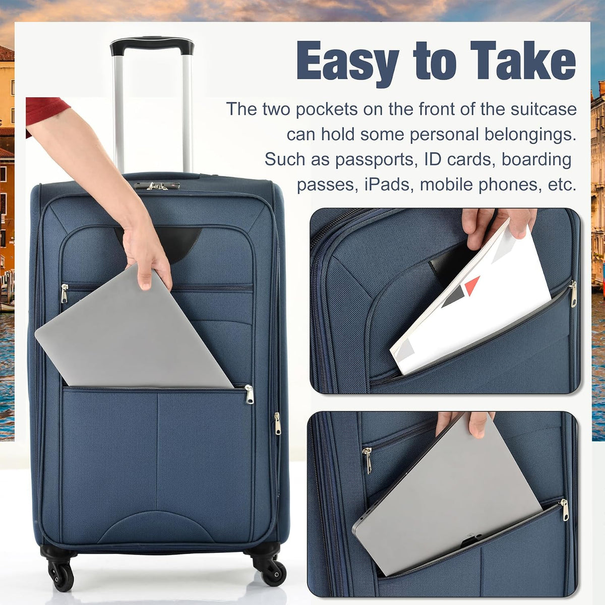 Lightweight Expandable Softside Luggage Sets 3 Piece, Large Capacity Travel Suitcase with Spinner Wheel, TSA Lock, Easy Access Design and Adjustable Telescoping Handle (Blue)