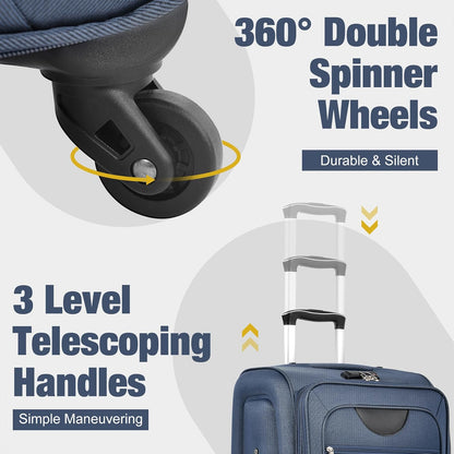Lightweight Expandable Softside Luggage Sets 3 Piece, Large Capacity Travel Suitcase with Spinner Wheel, TSA Lock, Easy Access Design and Adjustable Telescoping Handle (Blue)