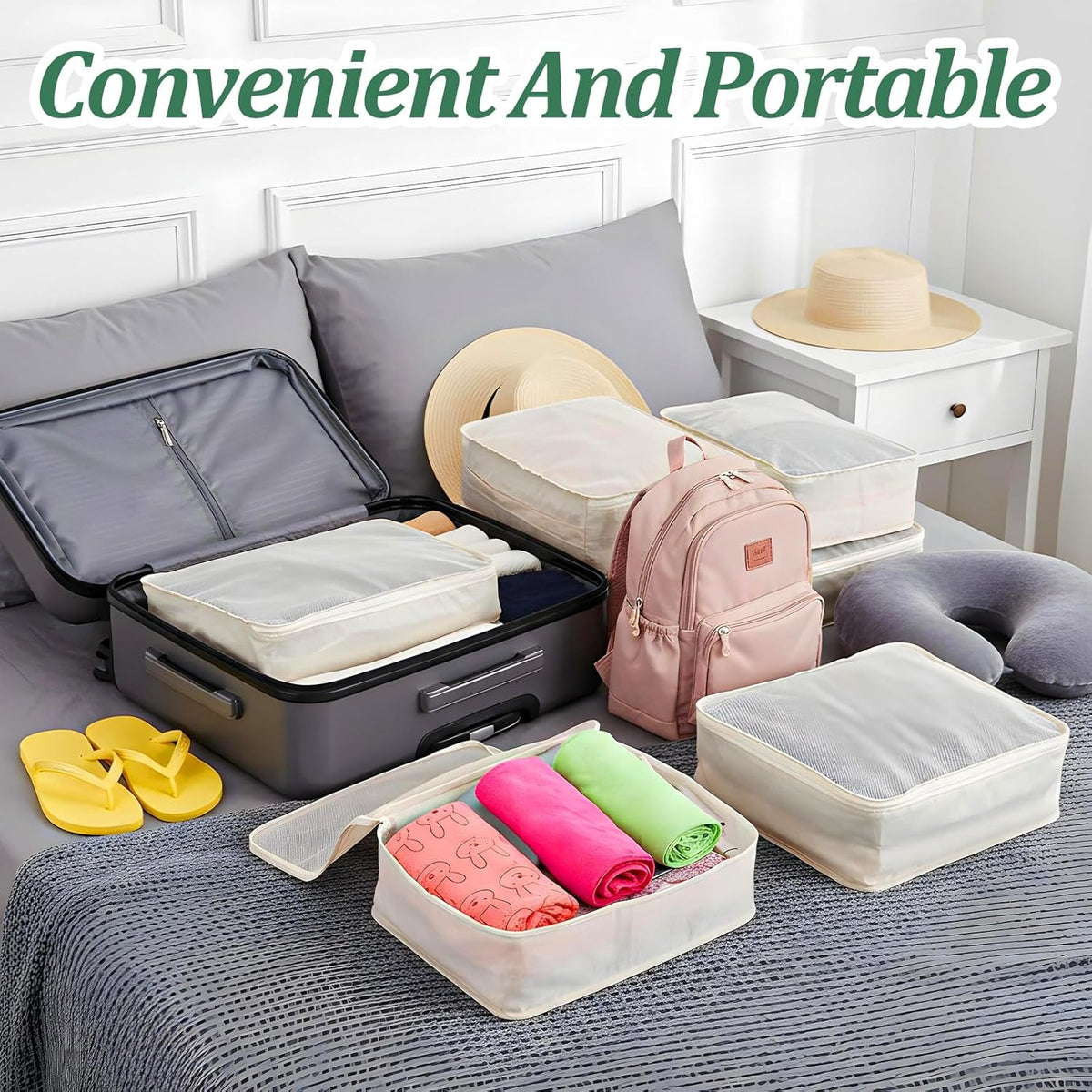 12 Pcs Packing Cubes for Suitcase Travel Luggage Organizers Bulk Large Mesh Clothing Underwear Bags Foldable Laundry Bags for Hiking Camping Backpacking Clothes Accessories (Beige)