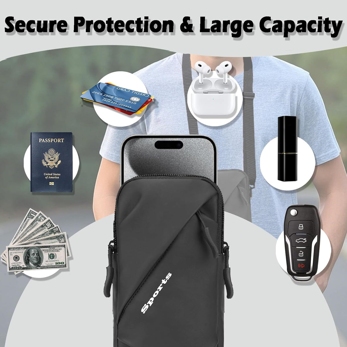 Cell Phone Sleeve Pouch Case Bag with Adjustable Crossbody Strap and Wrist Strap, Touchscreen-Friendly Clear Cell Phone Purse Bag with Carabiner for Men Women (Clear Black- A)