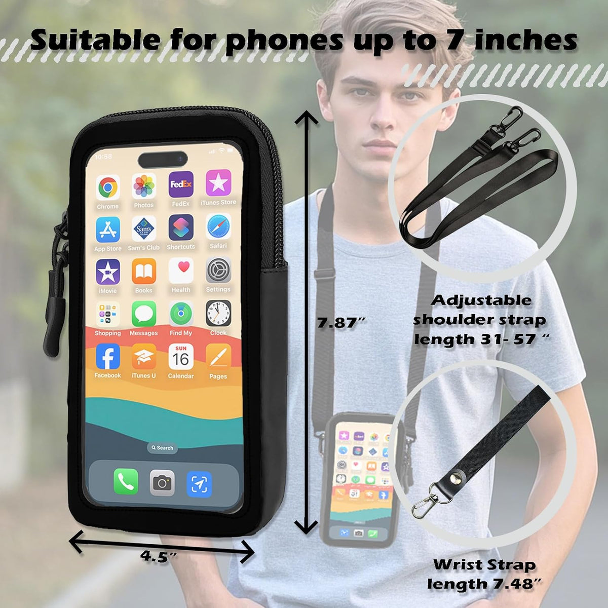 Cell Phone Sleeve Pouch Case Bag with Adjustable Crossbody Strap and Wrist Strap, Touchscreen-Friendly Clear Cell Phone Purse Bag with Carabiner for Men Women (Clear Black- A)