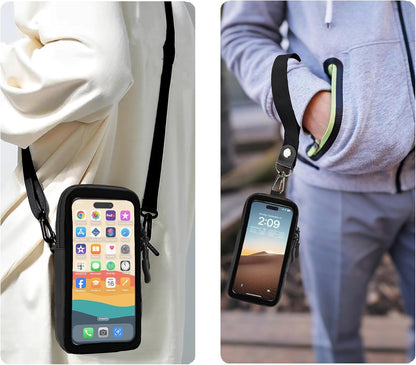 Cell Phone Sleeve Pouch Case Bag with Adjustable Crossbody Strap and Wrist Strap, Touchscreen-Friendly Clear Cell Phone Purse Bag with Carabiner for Men Women (Clear Black- A)