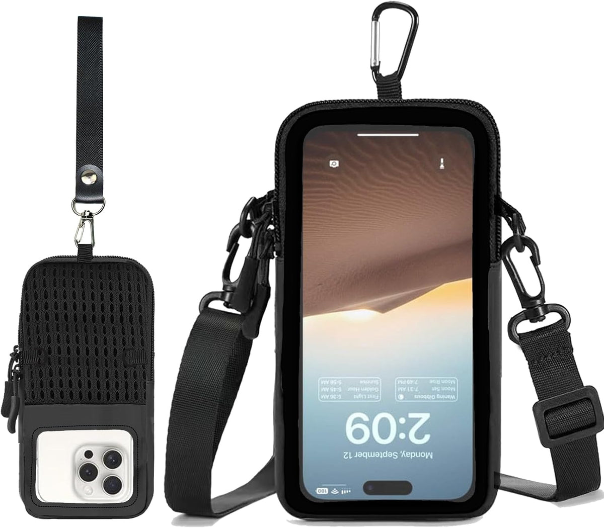 Cell Phone Sleeve Pouch Case Bag with Adjustable Crossbody Strap and Wrist Strap, Touchscreen-Friendly Clear Cell Phone Purse Bag with Carabiner for Men Women (Clear Black- A)