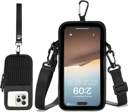 Cell Phone Sleeve Pouch Case Bag with Adjustable Crossbody Strap and Wrist Strap, Touchscreen-Friendly Clear Cell Phone Purse Bag with Carabiner for Men Women (Clear Black- A)