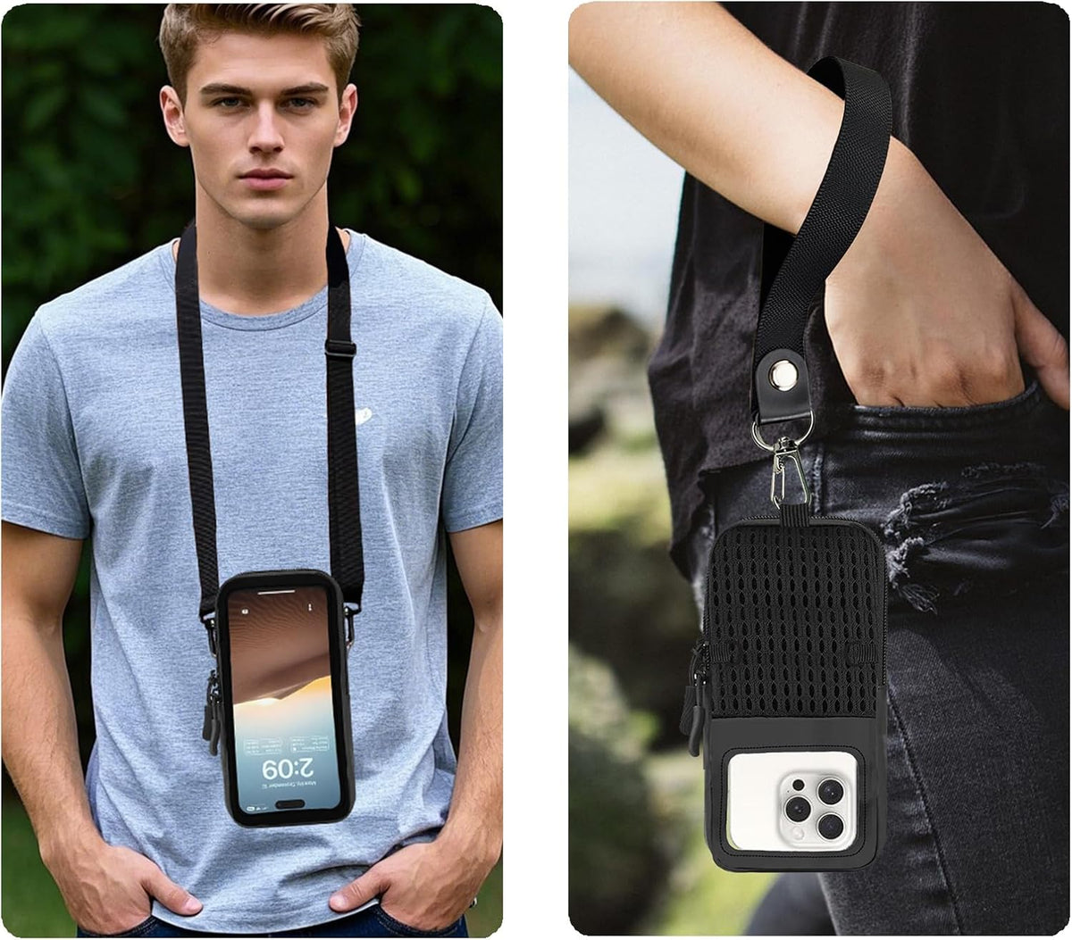 Cell Phone Sleeve Pouch Case Bag with Adjustable Crossbody Strap and Wrist Strap, Touchscreen-Friendly Clear Cell Phone Purse Bag with Carabiner for Men Women (Clear Black- A)