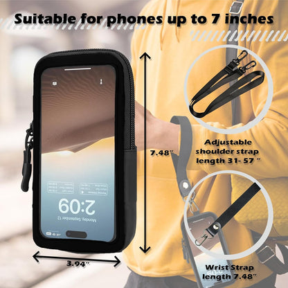 Cell Phone Sleeve Pouch Case Bag with Adjustable Crossbody Strap and Wrist Strap, Touchscreen-Friendly Clear Cell Phone Purse Bag with Carabiner for Men Women (Clear Black- A)