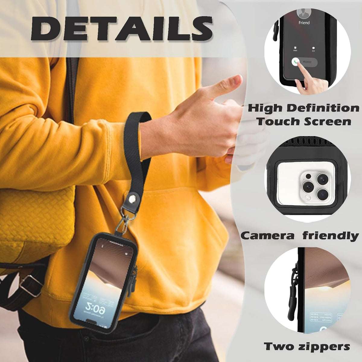 Cell Phone Sleeve Pouch Case Bag with Adjustable Crossbody Strap and Wrist Strap, Touchscreen-Friendly Clear Cell Phone Purse Bag with Carabiner for Men Women (Clear Black- A)