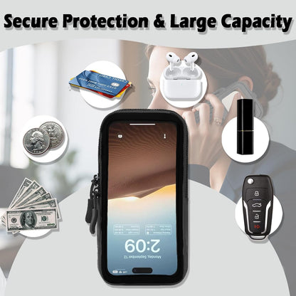 Cell Phone Sleeve Pouch Case Bag with Adjustable Crossbody Strap and Wrist Strap, Touchscreen-Friendly Clear Cell Phone Purse Bag with Carabiner for Men Women (Clear Black- A)