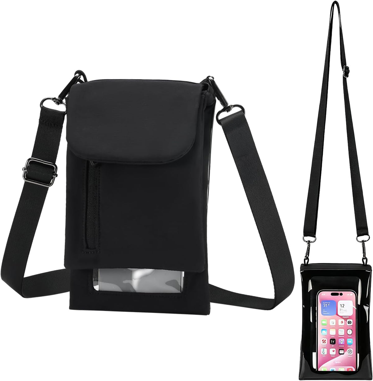 Cell Phone Sleeve Pouch Case Bag with Adjustable Crossbody Strap and Wrist Strap, Touchscreen-Friendly Clear Cell Phone Purse Bag with Carabiner for Men Women (Clear Black- A)