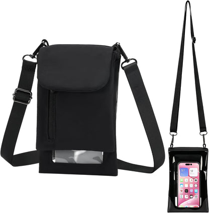 Cell Phone Sleeve Pouch Case Bag with Adjustable Crossbody Strap and Wrist Strap, Touchscreen-Friendly Clear Cell Phone Purse Bag with Carabiner for Men Women (Clear Black- A)