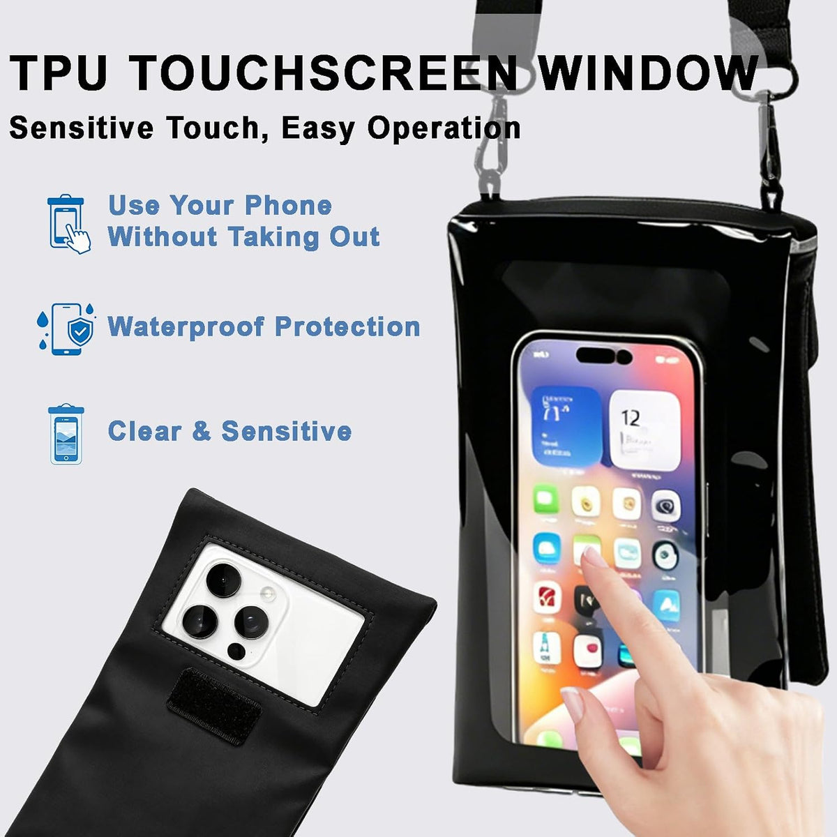 Cell Phone Sleeve Pouch Case Bag with Adjustable Crossbody Strap and Wrist Strap, Touchscreen-Friendly Clear Cell Phone Purse Bag with Carabiner for Men Women (Clear Black- A)