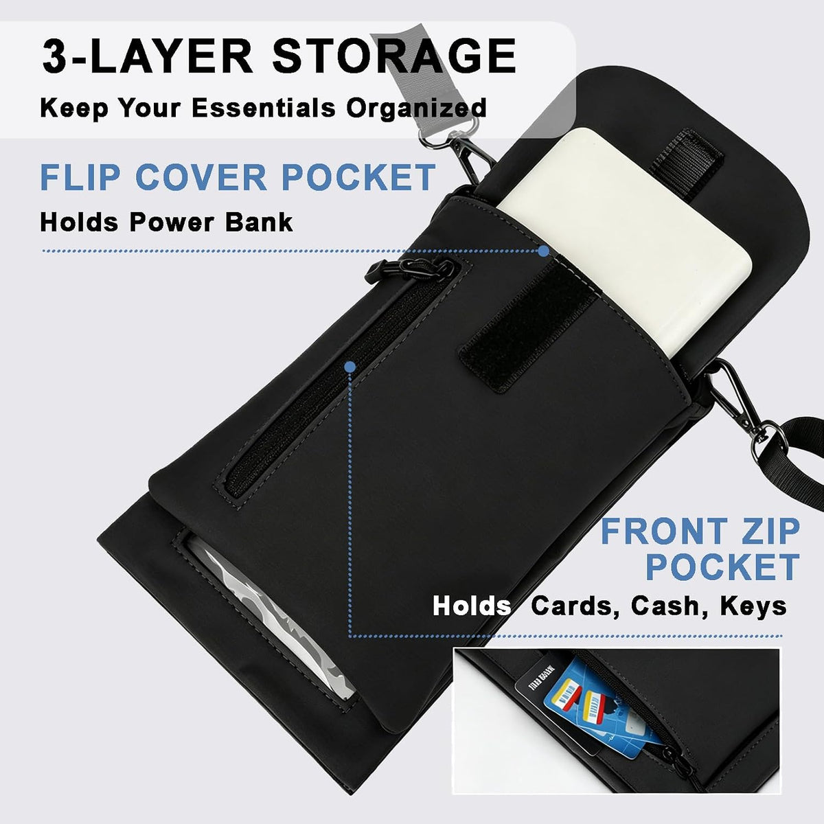 Cell Phone Sleeve Pouch Case Bag with Adjustable Crossbody Strap and Wrist Strap, Touchscreen-Friendly Clear Cell Phone Purse Bag with Carabiner for Men Women (Clear Black- A)