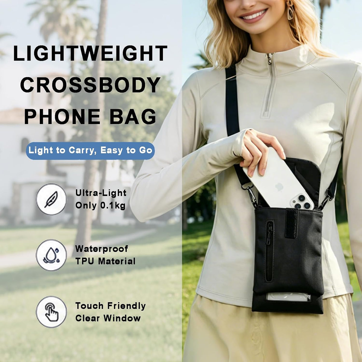 Cell Phone Sleeve Pouch Case Bag with Adjustable Crossbody Strap and Wrist Strap, Touchscreen-Friendly Clear Cell Phone Purse Bag with Carabiner for Men Women (Clear Black- A)