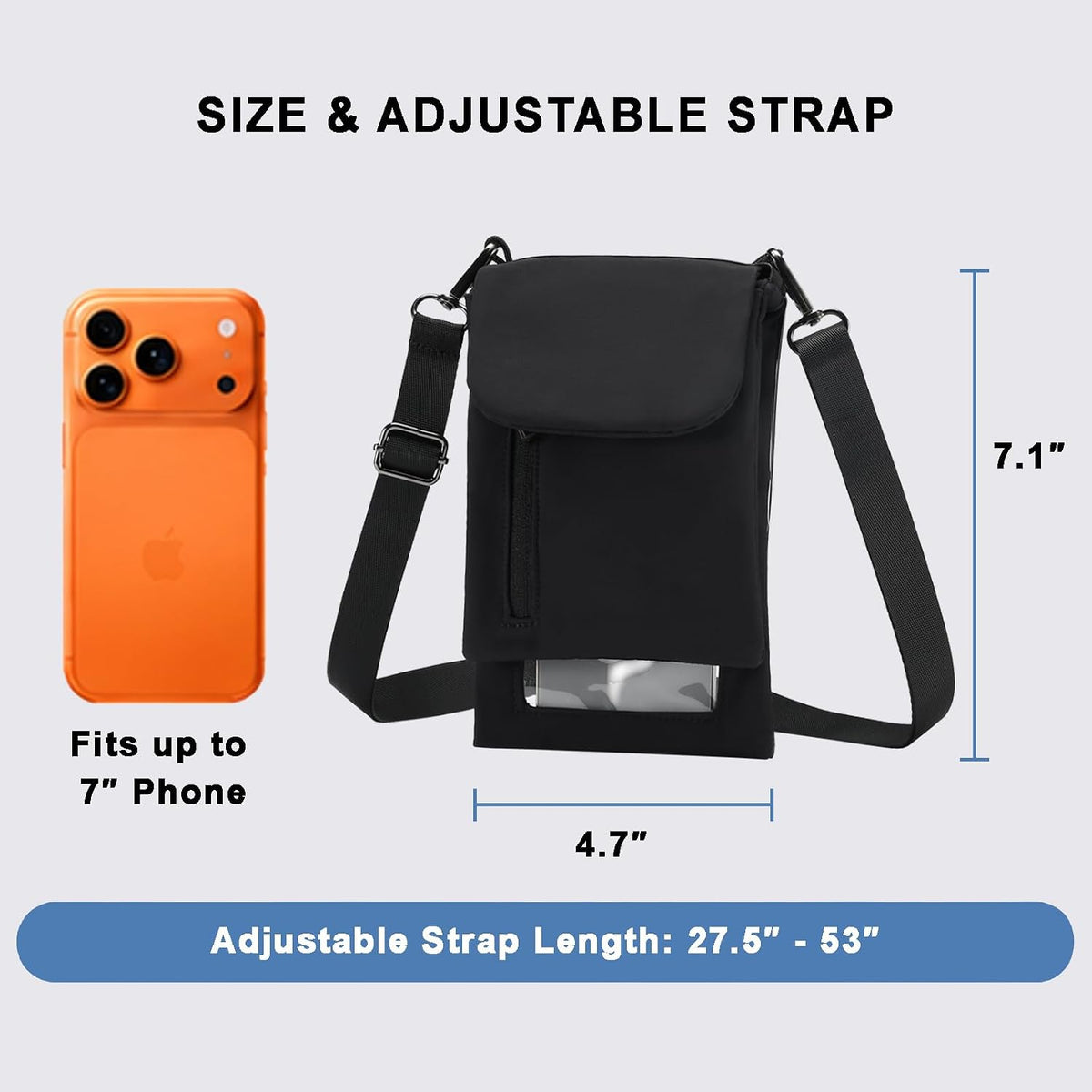 Cell Phone Sleeve Pouch Case Bag with Adjustable Crossbody Strap and Wrist Strap, Touchscreen-Friendly Clear Cell Phone Purse Bag with Carabiner for Men Women (Clear Black- A)