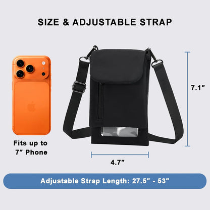 Cell Phone Sleeve Pouch Case Bag with Adjustable Crossbody Strap and Wrist Strap, Touchscreen-Friendly Clear Cell Phone Purse Bag with Carabiner for Men Women (Clear Black- A)