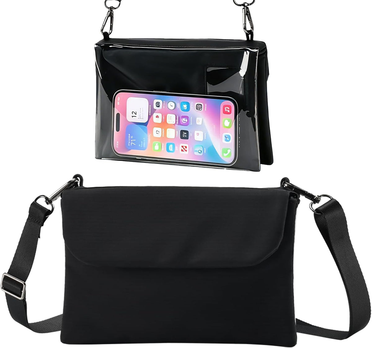 Cell Phone Sleeve Pouch Case Bag with Adjustable Crossbody Strap and Wrist Strap, Touchscreen-Friendly Clear Cell Phone Purse Bag with Carabiner for Men Women (Clear Black- A)